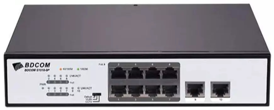 Коммутатор BDCom S1510-8P, кол-во портов: 8x1 Гбит/с, кол-во SFP/uplink: RJ-45 2x1 Гбит/с, установка в стойку, PoE: 8x15Вт (макс. 120Вт) (S1510-8P)