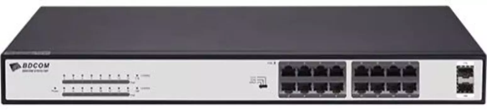 Коммутатор BDCom S1518-16P, кол-во портов: 16x1 Гбит/с, кол-во SFP/uplink: SFP 2x1 Гбит/с, установка в стойку, PoE: 16x15Вт (макс. 240Вт) (S1518-16P)
