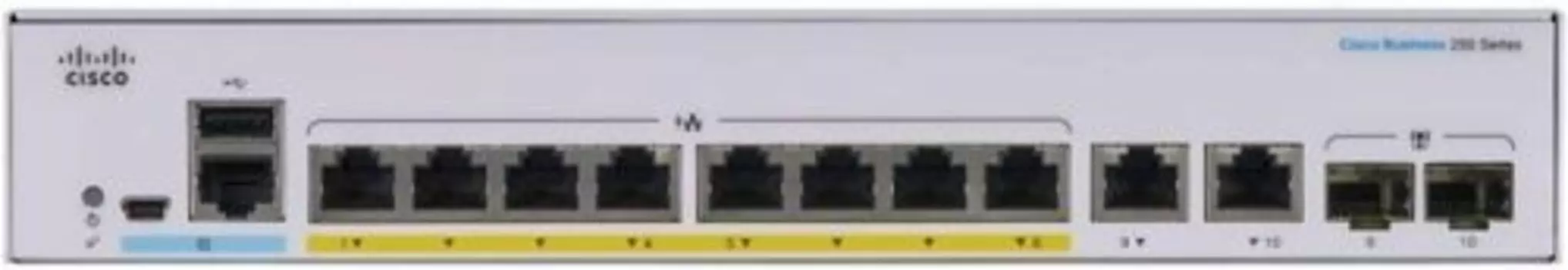 Коммутатор Cisco CBS250-8T-E-2G, управляемый, кол-во портов: 8x1 Гбит/с, кол-во SFP/uplink: combo RJ-45/SFP 2x1 Гбит/с (CBS250-8T-E-2G-EU)