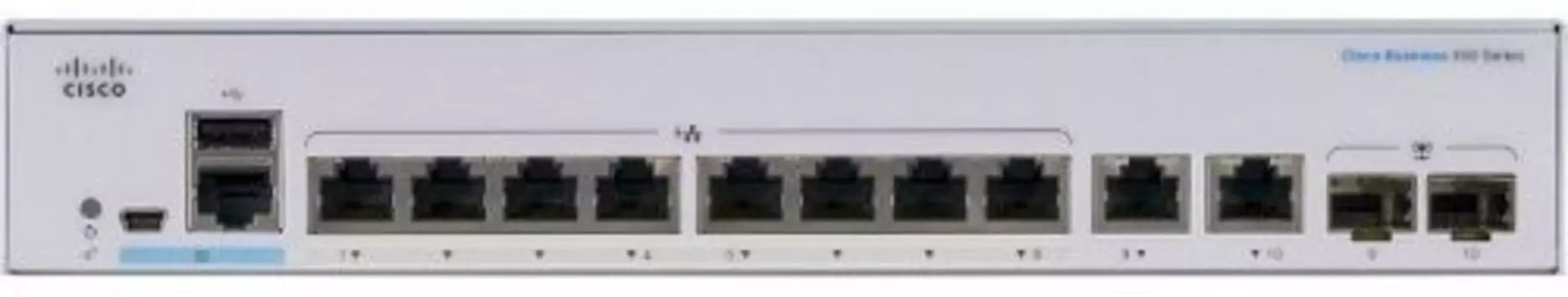 Коммутатор Cisco CBS350-8FP-2G, управляемый, кол-во портов: 8x1 Гбит/с, кол-во SFP/uplink: combo RJ-45/SFP 2x1 Гбит/с, установка в стойку, PoE: 8x30Вт (макс. 120Вт) (CBS350-8FP-2G-EU)