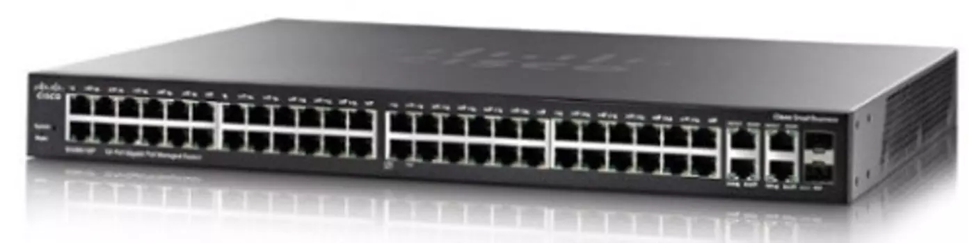 Коммутатор Cisco SG350-52, управляемый, кол-во портов: 48x1 Гбит/с, кол-во SFP/uplink: combo RJ-45/SFP 4x1 Гбит/с, установка в стойку (SG350-52-K9-EU)
