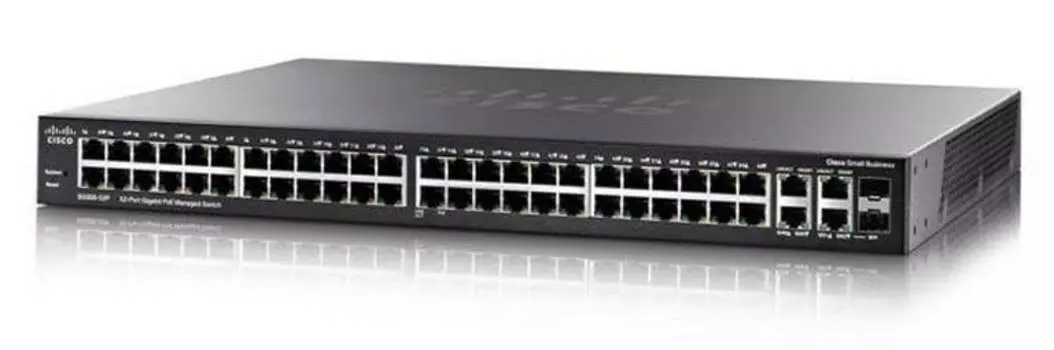 Коммутатор Cisco SG350-52P, управляемый, кол-во портов: 48x1 Гбит/с, кол-во SFP/uplink: combo RJ-45/SFP 4x1 Гбит/с, установка в стойку, PoE: 48шт.x30Вт (макс. 375Вт) (SG350-52P-K9-EU)