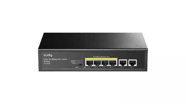 Коммутатор Cudy FS1006P, кол-во портов: 4x100 Мбит/с, кол-во SFP/uplink: RJ-45 2x100 Мбит/с, PoE: 4x30 Вт (макс. 60 Вт)