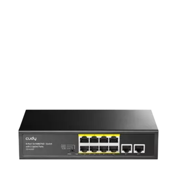 Коммутатор Cudy FS1010P, кол-во портов: 8x100 Мбит/с, кол-во SFP/uplink: RJ-45 2x100 Мбит/с, PoE: 8x30 Вт (макс. 120 Вт)