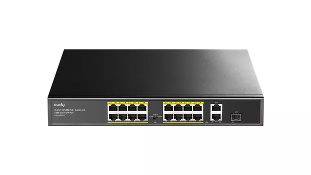 Коммутатор Cudy FS1018PS1, кол-во портов: 16x100 Мбит/с SFPx1 Гбит/с, кол-во SFP/uplink: RJ-45 2x1 Гбит/с, установка в стойку, PoE: 16x30 Вт (макс. 200 Вт) (FS1018PS1)