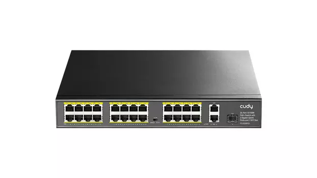 Коммутатор Cudy FS1026PS1, кол-во портов: 24x100 Мбит/с SFPx1 Гбит/с, кол-во SFP/uplink: RJ-45 2x1 Гбит/с, установка в стойку, PoE: 24x30 Вт (макс. 300 Вт) (FS1026PS1)