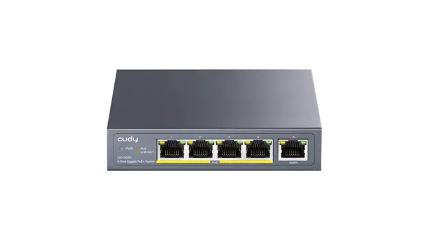 Коммутатор Cudy GS1005P, кол-во портов: 4x1 Гбит/с, кол-во SFP/uplink: RJ-45 1x1 Гбит/с, PoE: 4x30 Вт (макс. 60 Вт)