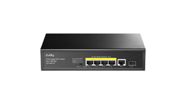 Коммутатор Cudy GS1005PTS1, кол-во портов: 4x1 Гбит/с, SFP 1x1, кол-во SFP/uplink: RJ-45 1x1 Гбит/с, PoE: 4x60 Вт (макс. 120 Вт)