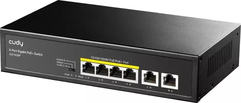 Коммутатор Cudy GS1006P, кол-во портов: 4x1000, кол-во SFP/uplink: RJ-45 2x1 Гбит/с, PoE: 4x30 Вт (макс. 65 Вт) (GS1006P)