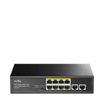 Коммутатор Cudy GS1010P, кол-во портов: 8x1 Гбит/с, кол-во SFP/uplink: RJ-45 2x1 Гбит/с, PoE: 8x30 Вт (макс. 120 Вт)
