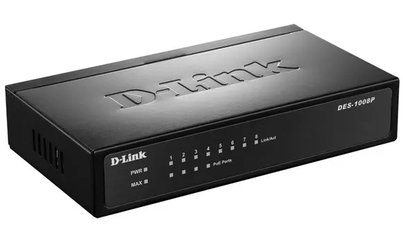 Коммутатор D-link DES-1008P, кол-во портов: 8x100 Мбит/с, PoE: 4x15.4Вт (макс. 52Вт) (DES-1008P/C1A)
