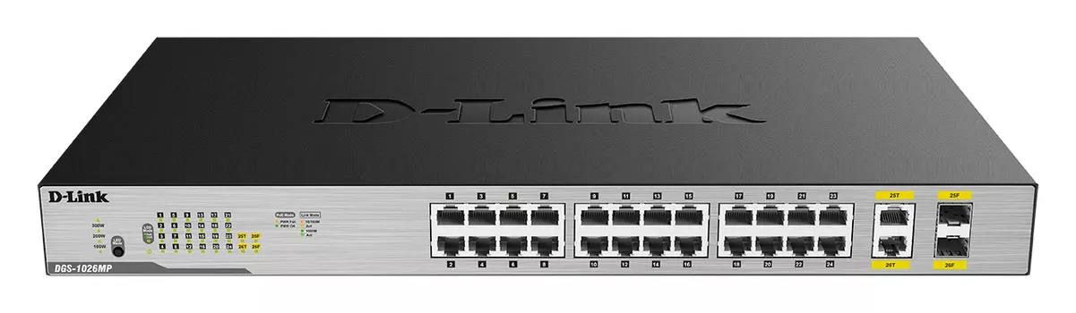 Коммутатор D-Link DGS-1026MP, кол-во портов: 24x1 Гбит/с, кол-во SFP/uplink: combo RJ-45/SFP 2x1 Гбит/с, установка в стойку, PoE: 24x30 Вт (макс. 370 Вт) (DGS-1026MP/B2A)