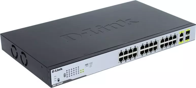 Коммутатор D-link DGS-1026MP, кол-во портов: 24x1 Гбит/с, кол-во SFP/uplink: combo RJ-45/SFP 2x1 Гбит/с, установка в стойку, PoE: 24x30Вт (макс. 370Вт) (DGS-1026MP/A1A)