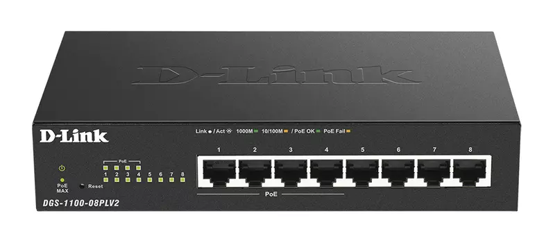 Коммутатор D-link DGS-1100-08PLV2, управляемый, кол-во портов: 8x1 Гбит/с, PoE: 4x30Вт (макс. 80Вт) (DGS-1100-08PLV2/A1A)