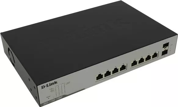 Коммутатор D-link DGS-1100-10MP, управляемый, кол-во портов: 8x1 Гбит/с, кол-во SFP/uplink: SFP 2x1 Гбит/с, установка в стойку, PoE: 8шт.x30W (макс. 130W) (DGS-1100-10MP/C1A)