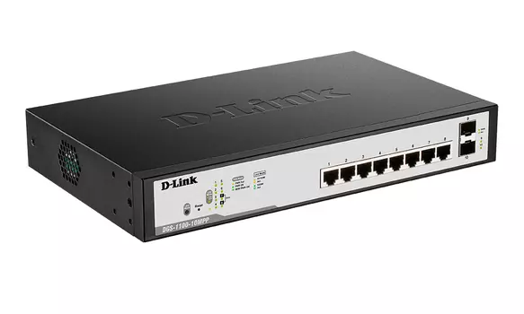 Коммутатор D-link DGS-1100-10MPP/C1A, управляемый, кол-во портов: 8x1 Гбит/с, кол-во SFP/uplink: 2x1 Гбит/с, установка в стойку, PoE: 8шт.x30W (макс. 242W)