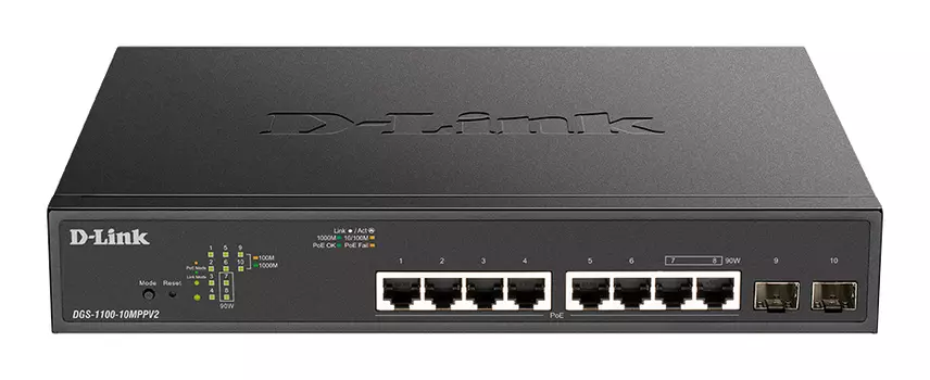 Коммутатор D-Link DGS-1100-10MPPV2, управляемый, кол-во портов: 8x1 Гбит/с, кол-во SFP/uplink: SFP 2x1 Гбит/с, установка в стойку, PoE: 8x90 Вт (макс. 242 Вт) (DGS-1100-10MPPV2/A3A)
