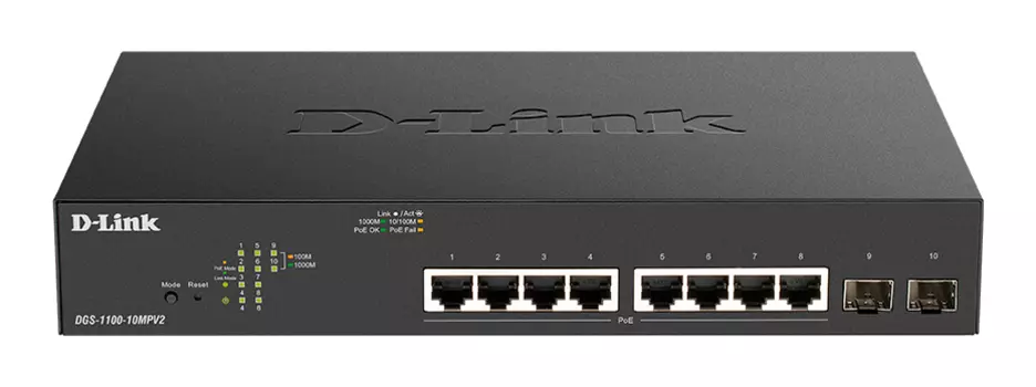 Коммутатор D-Link DGS-1100-10MPV2, управляемый, кол-во портов: 8x1 Гбит/с, кол-во SFP/uplink: SFP 2x1 Гбит/с, установка в стойку, PoE: 8x30Вт (макс. 130Вт) (DGS-1100-10MPV2/A3A)