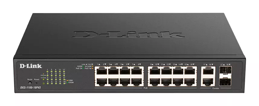 Коммутатор D-Link DGS-1100-18PV2, управляемый, кол-во портов: 16x1 Гбит/с, кол-во SFP/uplink: combo RJ-45/SFP 2x1 Гбит/с, установка в стойку, PoE: 16x30 Вт (макс. 130 Вт) (DGS-1100-18PV2/A3A)