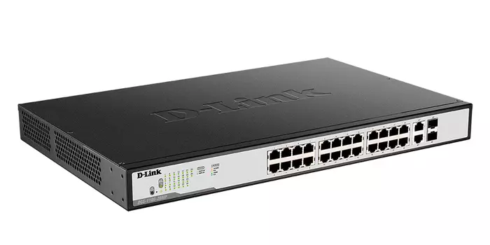 Коммутатор D-link DGS-1100-26MP, управляемый, кол-во портов: 24x1 Гбит/с, кол-во SFP/uplink: combo RJ-45/SFP 2x1 Гбит/с, установка в стойку, PoE: 24x30Вт (макс. 370Вт) (DGS-1100-26MP/C1A)