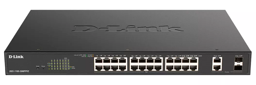 Коммутатор D-Link DGS-1100-26MPPV2, управляемый, кол-во портов: 24x1 Гбит/с, кол-во SFP/uplink: combo RJ-45/SFP 2x1 Гбит/с, установка в стойку, PoE: 24x90 Вт (макс. 525 Вт) (DGS-1100-26MPPV2/A3A)