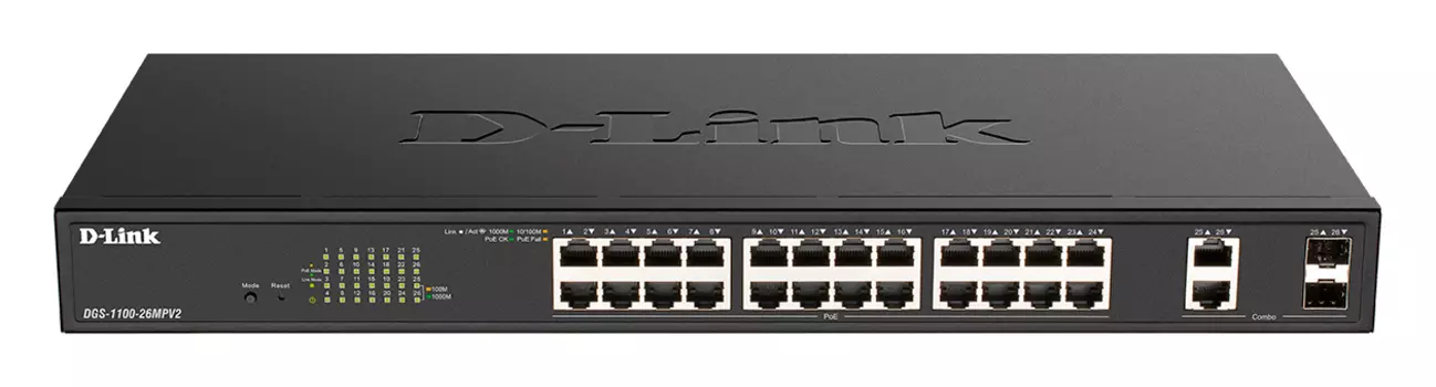 Коммутатор D-Link DGS-1100-26MPV2, управляемый, кол-во портов: 24x1 Гбит/с, кол-во SFP/uplink: combo RJ-45/SFP 2x1 Гбит/с, установка в стойку, PoE: 24x30Вт (макс. 370Вт) (DGS-1100-26MPV2/A3A)