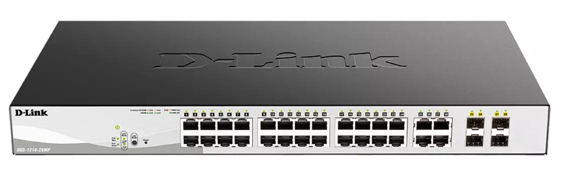 Коммутатор D-Link DGS-1210-28MP, управляемый, кол-во портов: 24x1 Гбит/с, кол-во SFP/uplink: combo RJ-45/SFP 4x1 Гбит/с, установка в стойку, PoE: 24x30 Вт (макс. 370 Вт) (DGS-1210-28MP/F4A)