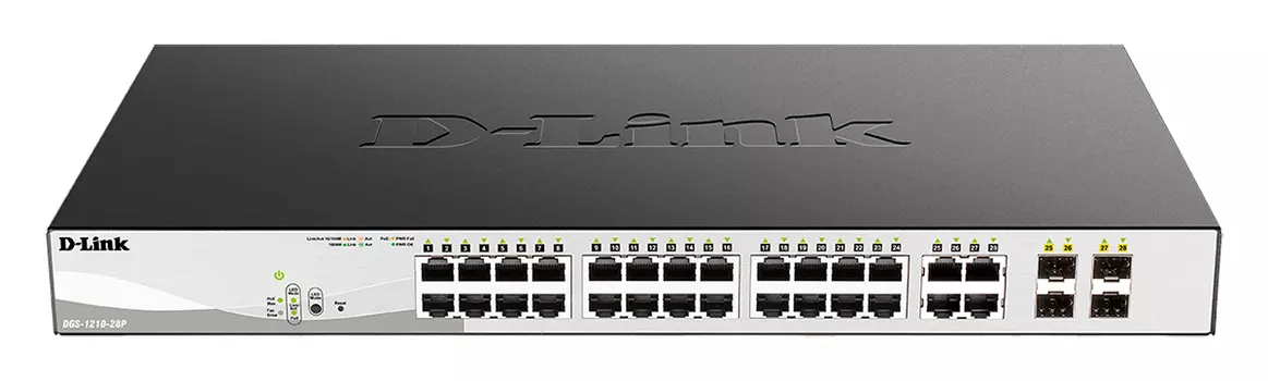 Коммутатор D-Link DGS-1210-28P, управляемый, кол-во портов: 24x1 Гбит/с, кол-во SFP/uplink: combo RJ-45/SFP 4x1 Гбит/с, установка в стойку, PoE: 24x30 Вт (макс. 193 Вт) (DGS-1210-28P/F5A)
