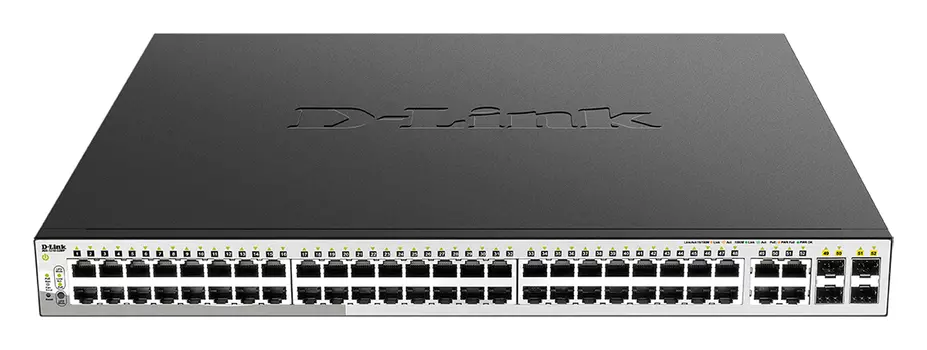Коммутатор D-Link DGS-1210-52MP, управляемый, кол-во портов: 48x1 Гбит/с, кол-во SFP/uplink: combo RJ-45/SFP 4x1 Гбит/с, установка в стойку, PoE: 48x30 Вт (макс. 370 Вт) (DGS-1210-52MP/F4A)