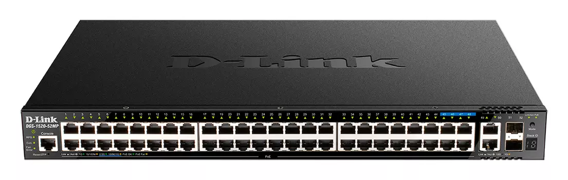 Коммутатор D-link DGS-1520-52MP, управляемый, кол-во портов: 48x1 Гбит/с, SFP+ 2x10 Гбит/с, кол-во SFP/uplink: RJ-45 2x10 Гбит/с, установка в стойку, PoE: 48x30Вт (макс. 370Вт) (DGS-1520-52MP/A1A)