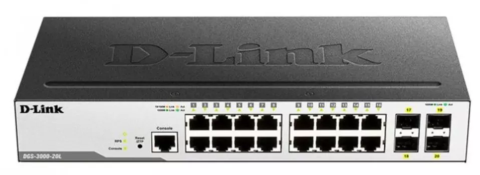 Коммутатор D-link DGS-3000-20L, управляемый, кол-во портов: 16x1 Гбит/с, кол-во SFP/uplink: SFP 4x1 Гбит/с, установка в стойку (DGS-3000-20L/B1A)