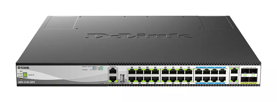Коммутатор D-Link DMS-3130-30PS, управляемый, кол-во портов: 26x10 Гбит/с, кол-во SFP/uplink: SFP28 4x25 Гбит/с, установка в стойку, PoE: 24x60 Вт (макс. 740 Вт) (DMS-3130-30PS/A1A)
