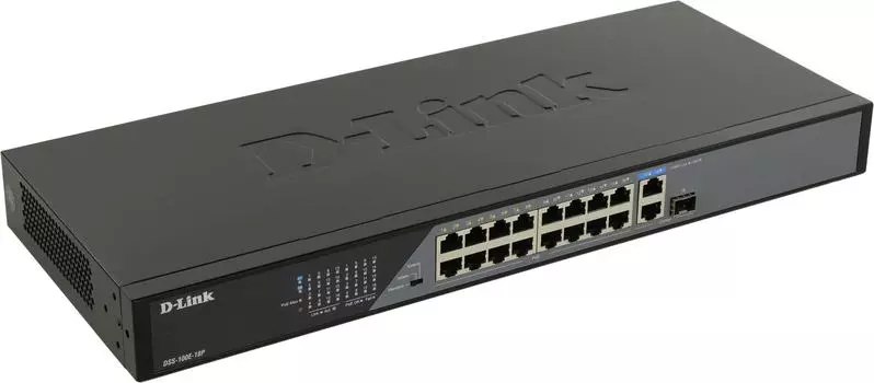 Коммутатор D-link DSS-100E-18P, кол-во портов: 16x100 Мбит/с, кол-во SFP/uplink: combo RJ-45/SFP 2x1 Гбит/с, установка в стойку, PoE: 16x30Вт (макс. 230Вт) (DSS-100E-18P/A1A)