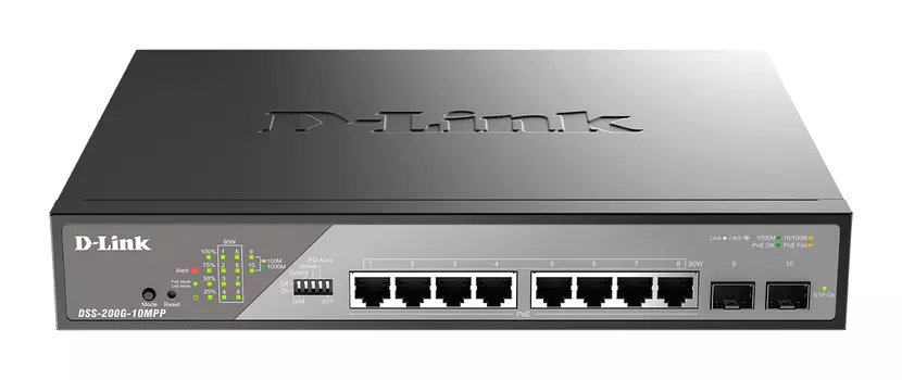 Коммутатор D-Link DSS-200G-10MPP, управляемый, кол-во портов: 8x1 Гбит/с, кол-во SFP/uplink: SFP 2x1 Гбит/с, PoE: 8x90 Вт (макс. 242 Вт) (DSS-200G-10MPP/A1A)
