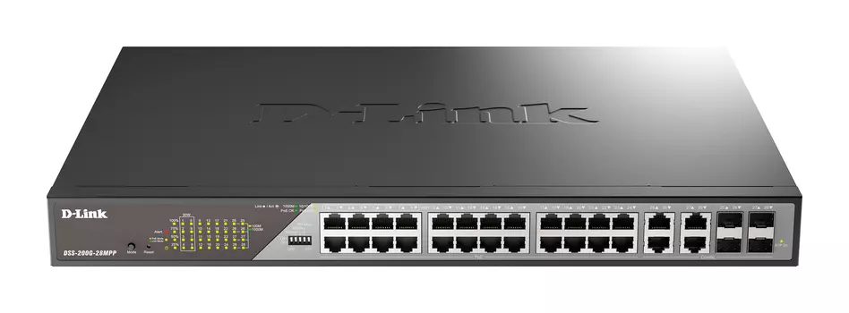 Коммутатор D-Link DSS-200G-28MPP, управляемый, кол-во портов: 24x1 Гбит/с, кол-во SFP/uplink: combo RJ-45/SFP 4x1 Гбит/с, установка в стойку, PoE: 24x90 Вт (макс. 518 Вт) (DSS-200G-28MPP/A1A)