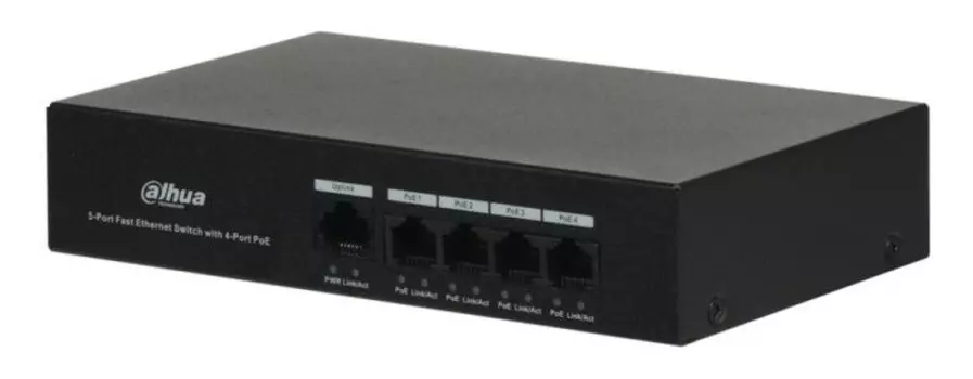 Коммутатор DAHUA PFS3005-4ET-36, кол-во портов: 5x100 Мбит/с, PoE: 4шт.x30W (макс. 36W) (DH-PFS3005-4ET-36)