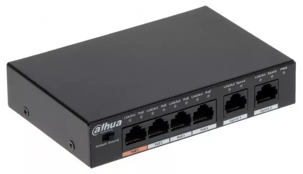Коммутатор Dahua PFS3006-4ET-60, кол-во портов: 4x100 Мбит/с, кол-во SFP/uplink: RJ-45 2x100 Мбит/с, PoE: 4x30 Вт (макс. 60 Вт) (DH-PFS3006-4ET-60)