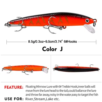 Приманка Minnow 10 цветов, твердая приманка, плавающая приманка Minnow, 9,5 см, 8,5 г, пластиковая приманка