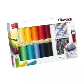 734563 Набор швейных нитей Sew-All, 100 м, 12 кат., с булавками и машинными иголками Gutermann