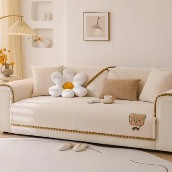 new cartoon teddy fleece sofa cushion autumn and winter fixed non-slip seat cushion thickened plush cover cloth 70*70cm