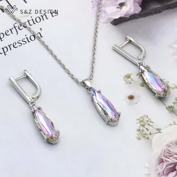 Элегантные корейские модные комплекты ювелирных украшений с каплями воды, розовое золото, висячие серьги для женщин, роскошное ожерелье с подвеской