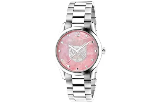 GUCCI Наручные часы G Timeless Collection с кварцевым механизмом, ремешком из нержавеющей стали и розовым циферблатом. Женские часы