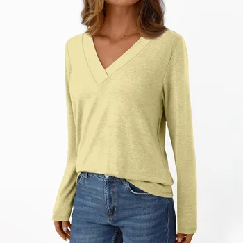 Women s Casual Fashion Brushed Solid Color Long-sleeved V-neck Top T-shirt L