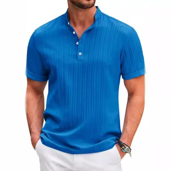 Men s Casual Short Sleeve Shirts Summer Fashion Stand Collar Shirt S чёрный