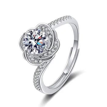 Bague Ringen 1ct 2ct Цветное кольцо с муассанитом, дизайн с камелией, кольца из чистого серебра S925, простые темпераментные роскошные украшения, подарок для девочек 1ct adjustable зелёный