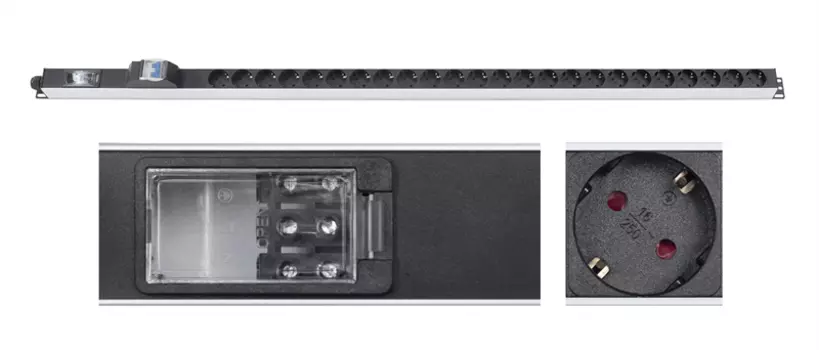 Cabeus PDU-32-24S-B-T Блок розеток для 19" шкафов, вертикальный, 24 розетки Schuko, 32А, автомат защиты, алюминиевый корпус, клеммная колодка (PDU-32-24S-B-T)
