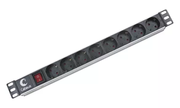 Cabeus PDU-8P Блок евророзеток для 19" шкафов, горизонтальный, 8 розеток, 10 A, выключатель, гнездо под шнур, алюминиевый корпус (PDU-8P)