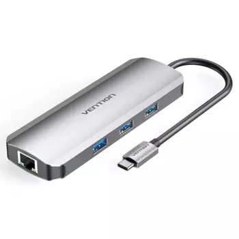 Док-станция Vention Multi-function USB-C to HDMI/USB3.0x3/RJ45/SD/TF/PD Docking Station 0.15M Gray Aluminum Alloy Type (TOKHB)