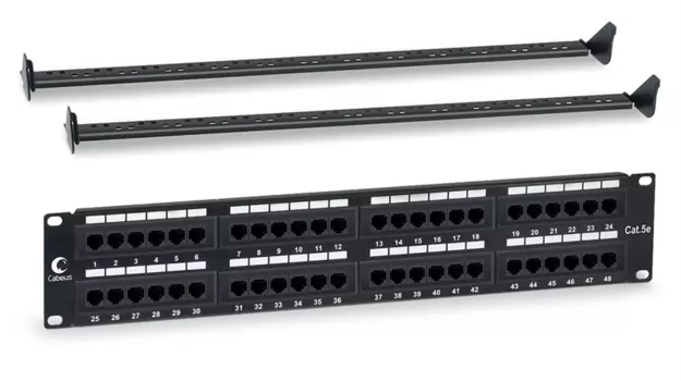 Cabeus PL-48-Cat.5e-Dual IDC Патч-панель 19" (2U), 48 портов RJ-45, категория 5e, Dual IDC, с задним кабельным организатором (PL-48-Cat.5e-Dual)