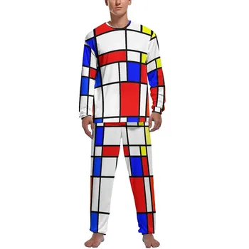 Mondrian красочные пижамы с принтом, зимние модные пижамные комплекты из 2 предметов, мужская одежда для сна с длинными рукавами и принтом в комнате